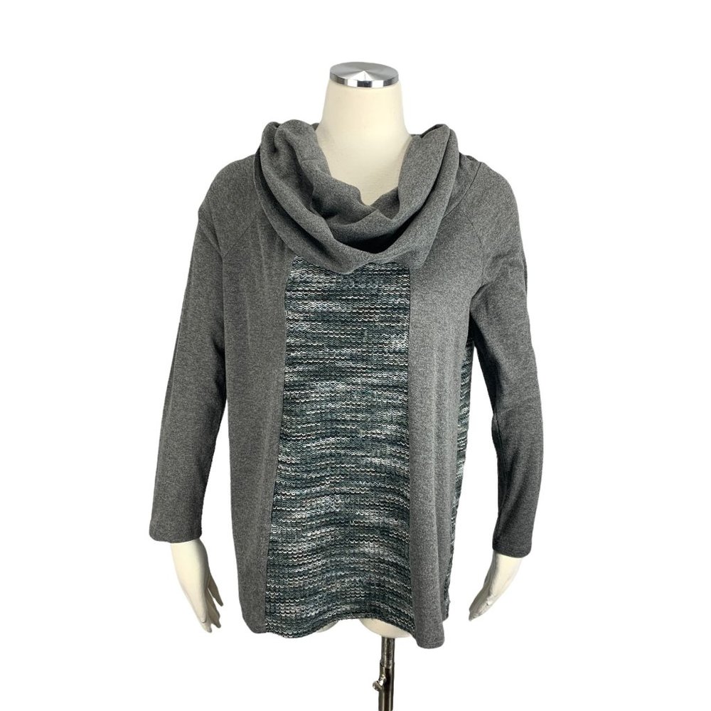 A'reve Gray Small Cowl Neck Top Sheer Back Long Sleeve